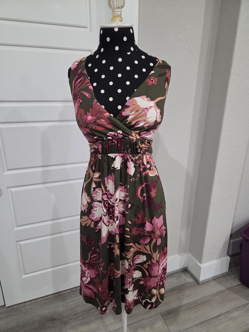 Soma Olive Floral Midi Dress with Pink Blooms Size XS